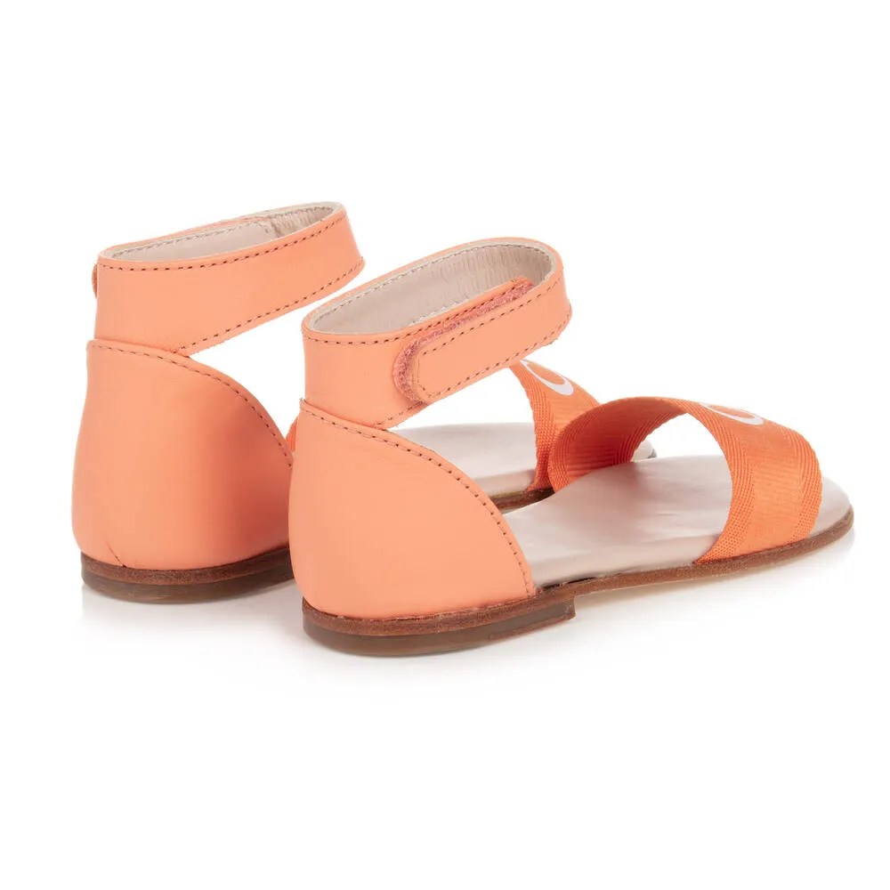 Girls Coral Pink Leather Logo Sandals