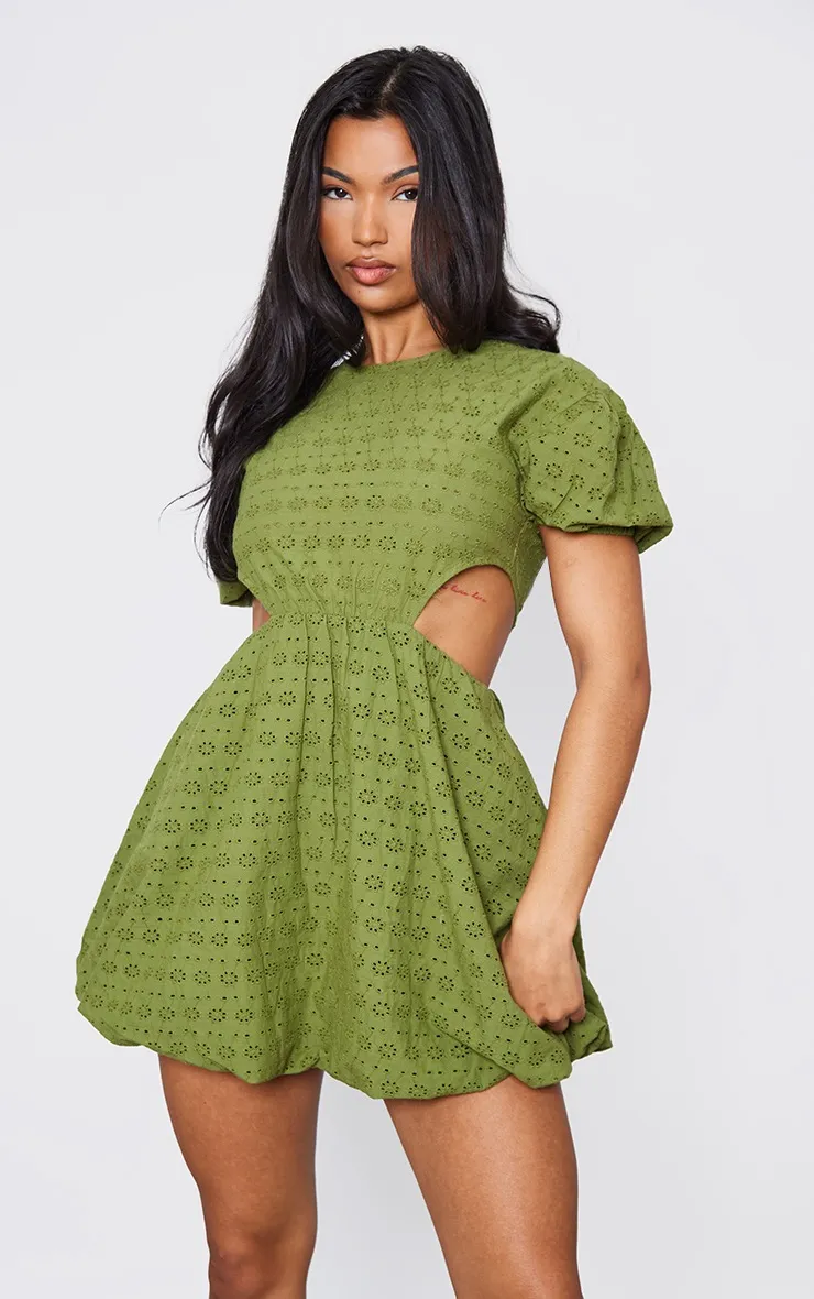 Khaki Broderie Cut Out Smock Dress | Dresses